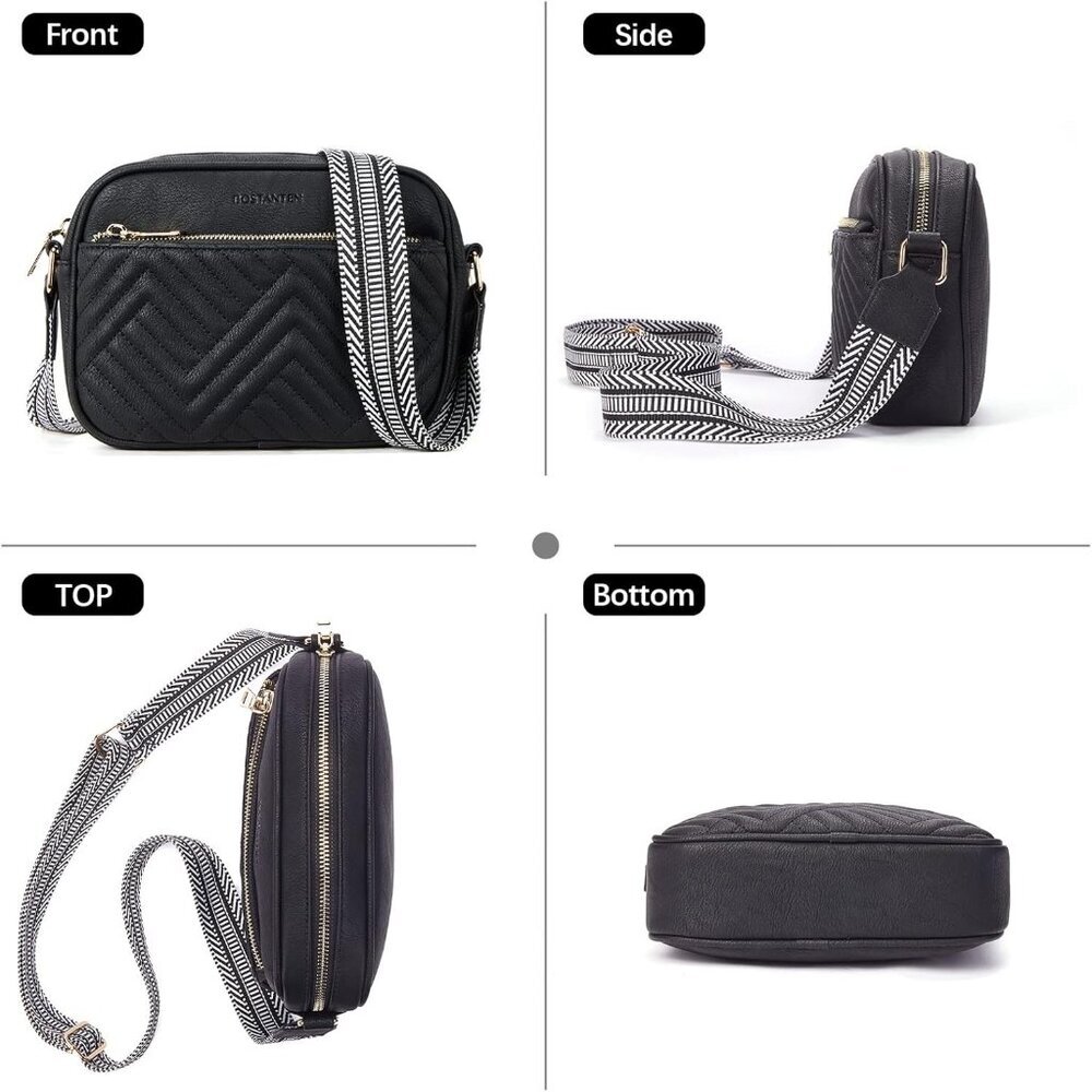 Quilted Vegan Leather Crossbody Black Bag Women Wide Strap and Shoulder Use - Picture 6 of 8